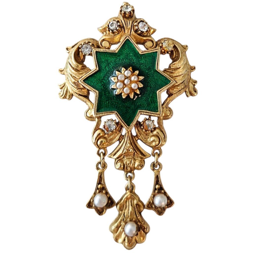 Florenza Star, Fleur Green Enamel Faux Pearl Rhinestone Dangle Pin, Signed